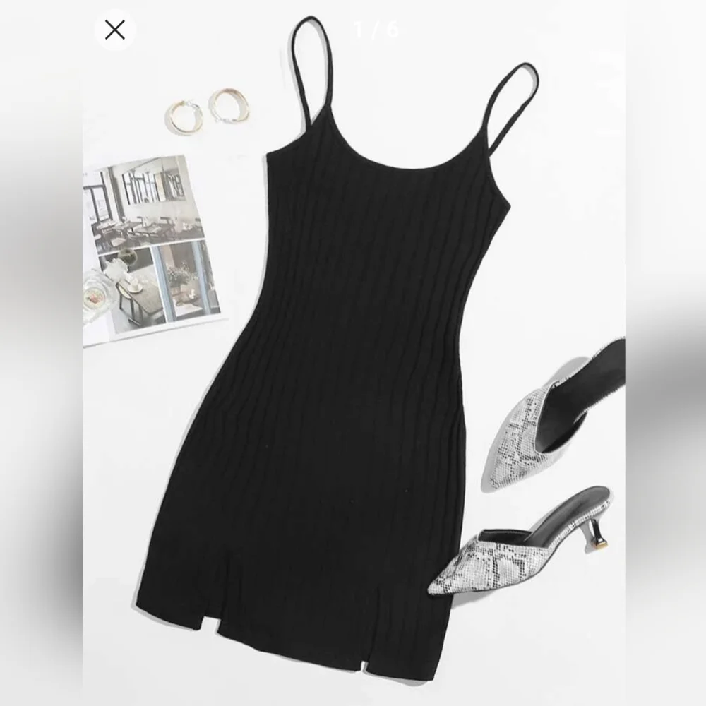 Ribbed Knit Bodycon Mini Dress with M Slits - Picture 1 of 4